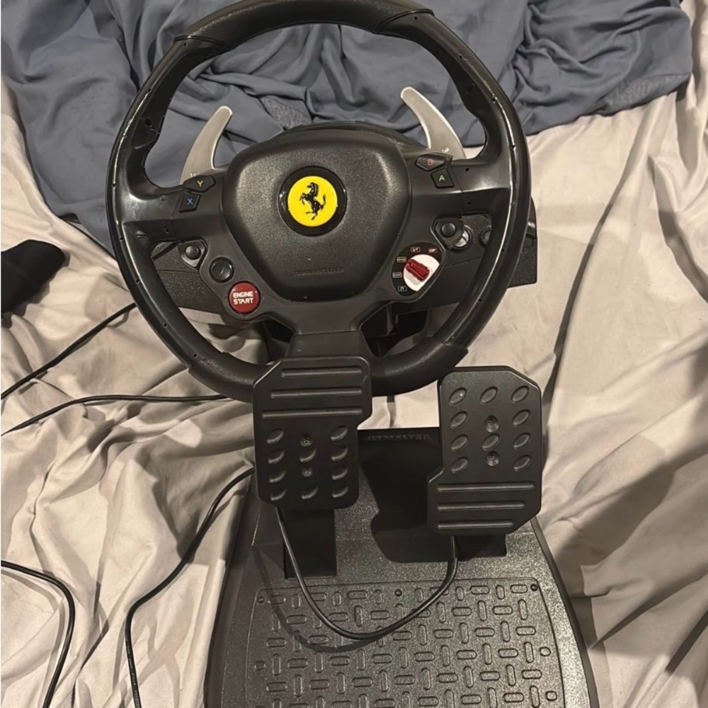 Ferrari Black and Silver Steering Wheel with Pedals